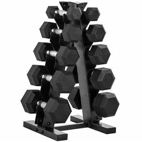 150 LB Coated Hex Dumbbell Weight Set with Vertical Rack